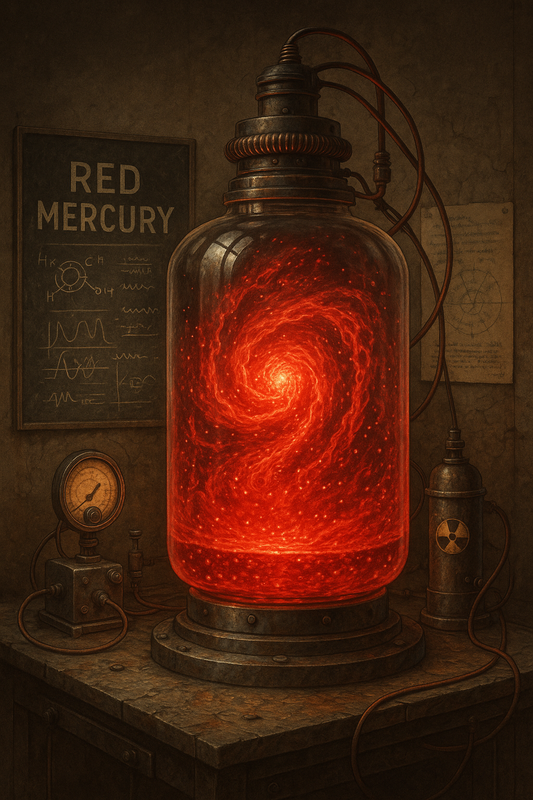 Glass containment vessel filled with swirling red mercury forming a magnetic vortex, surrounded by old scientific equipment in a dim laboratory setting.