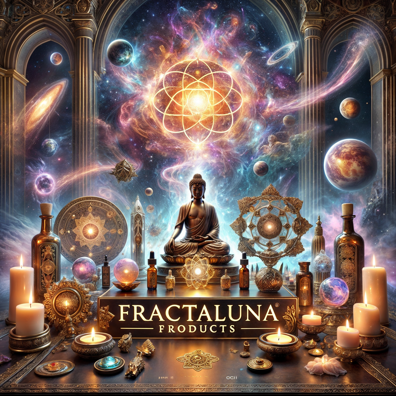 An enchanting image of Fractaluna's 'Products' collection with a cosmic theme, featuring a celestial background and glowing display holding mystical items. Pendant, Sadhu board, and oils. 'FRACTALUNA PRODUCTS' displayed in glowing typography.